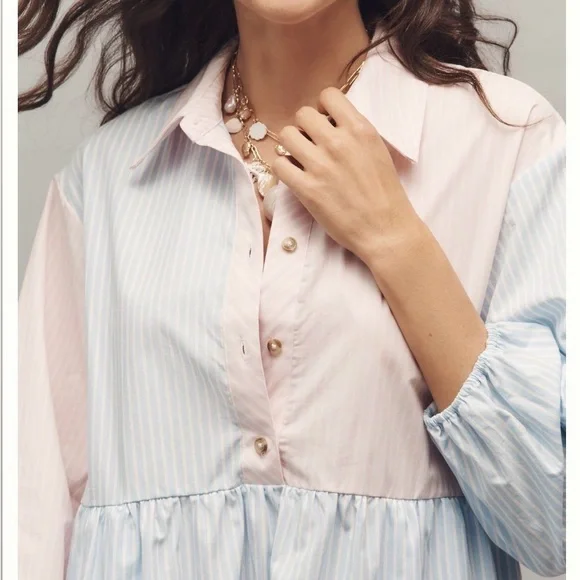 Two-Tone Pastel Pink & Blue  Bettina Stripe Mix Tiered Mini Shirt Dress by Maeve - Picture 2 of 6